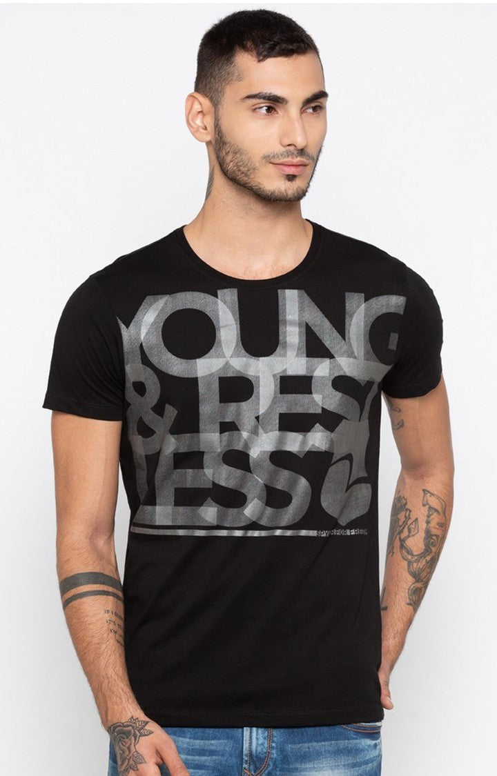 Spykar Black Printed Slim Fit Men T-Shirts