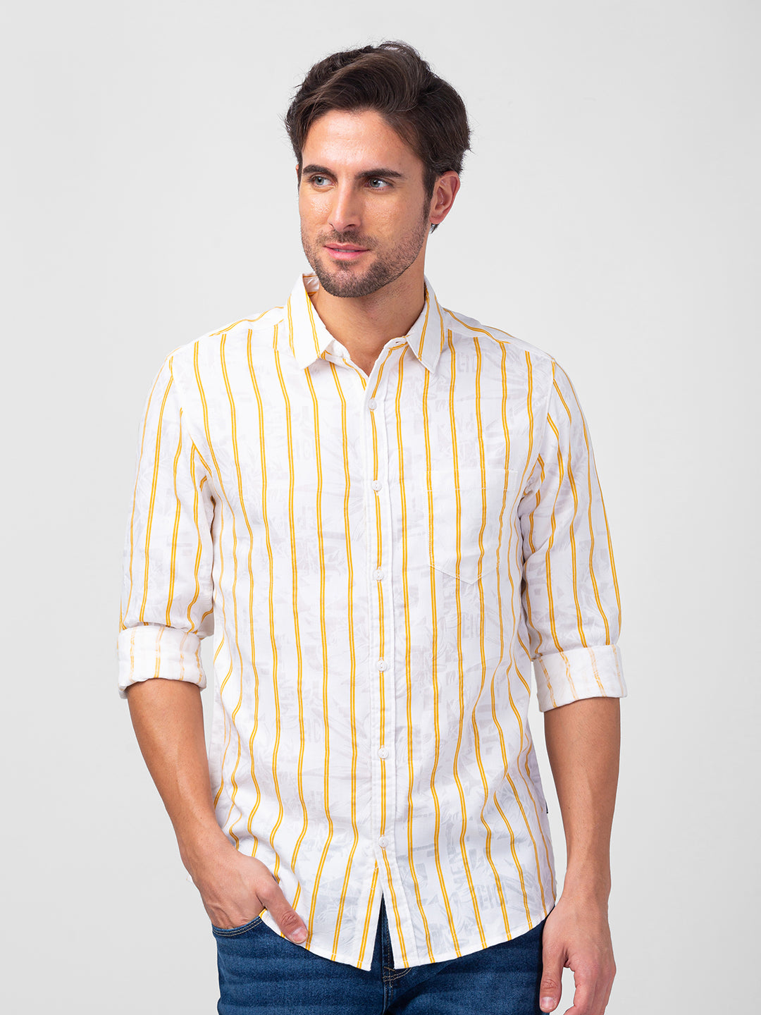 Spykar Men Chrome Yellow Cotton Slim Fit Striped Shirt