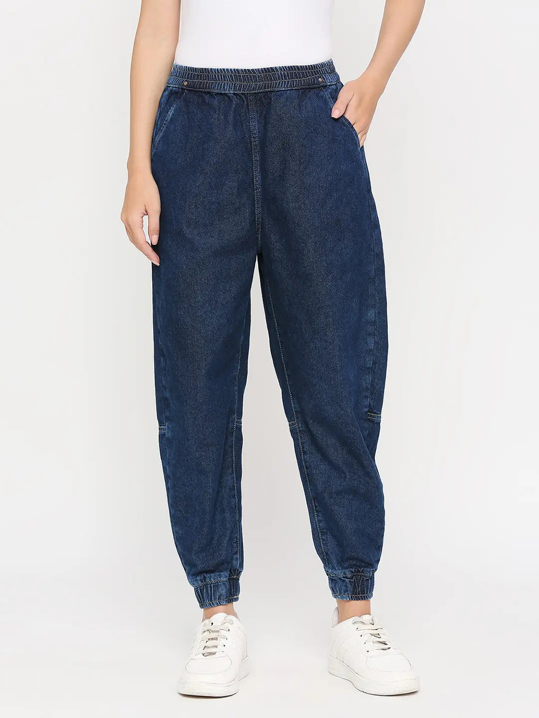 Dark blue jean joggers online