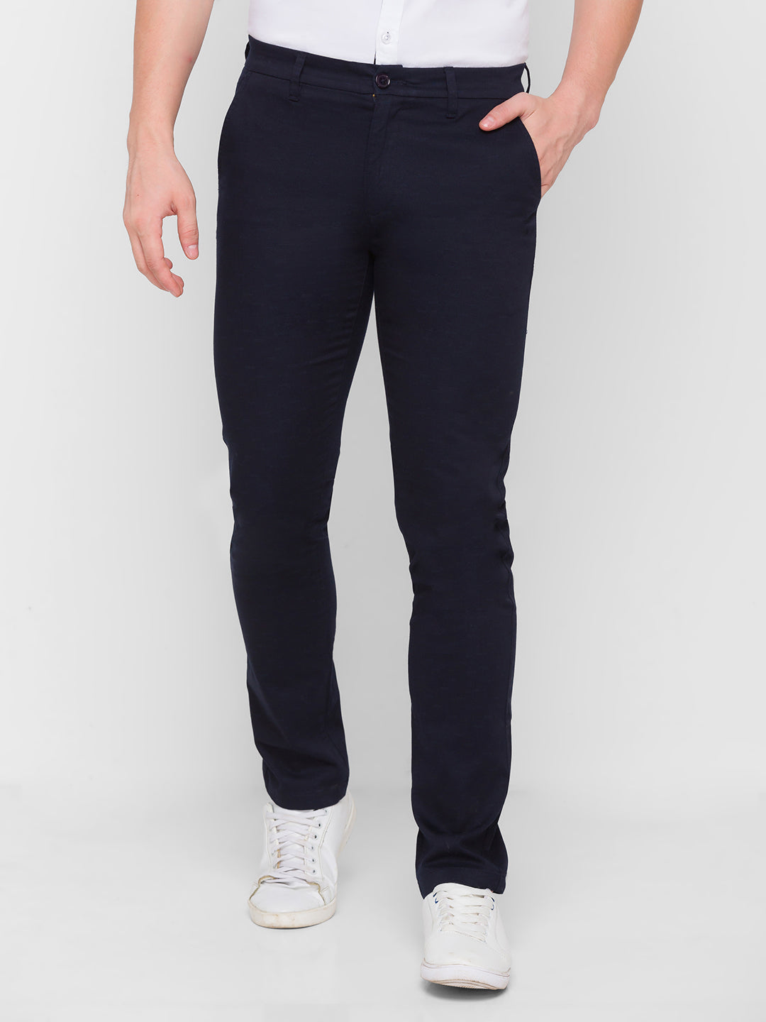 Spykar Men Blue Cotton Slim Fit Casual Trouser