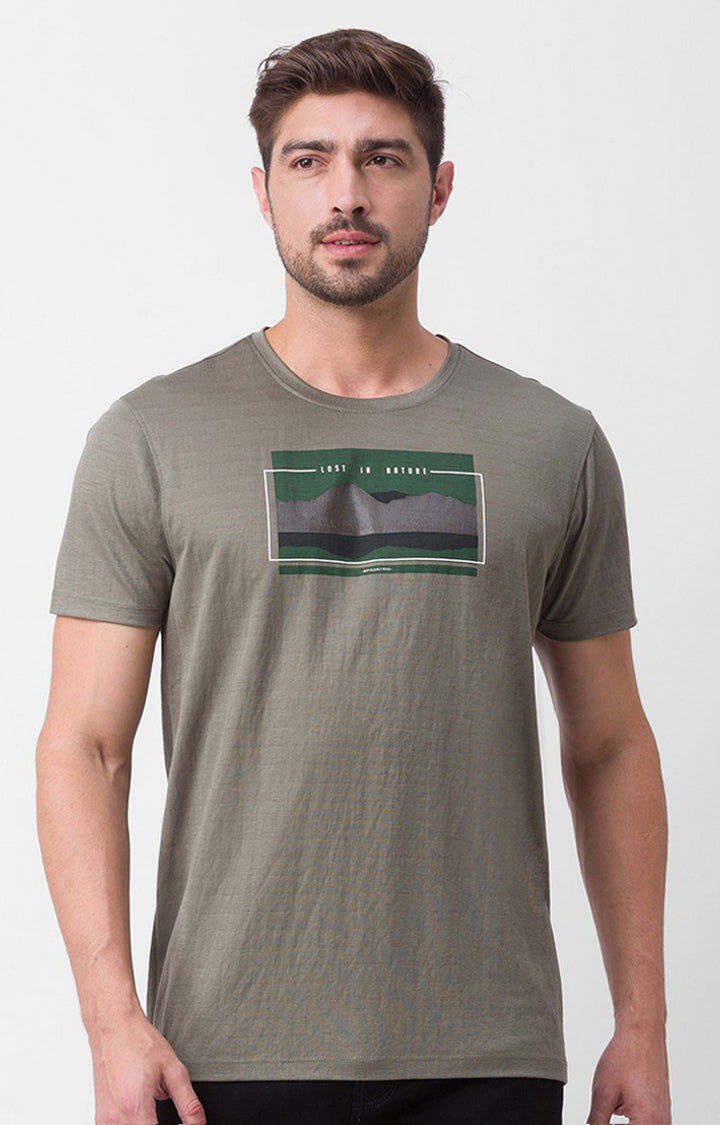 Spykar Smoke Olive Cotton Half Sleeve Printed Casual T-Shirt For Men