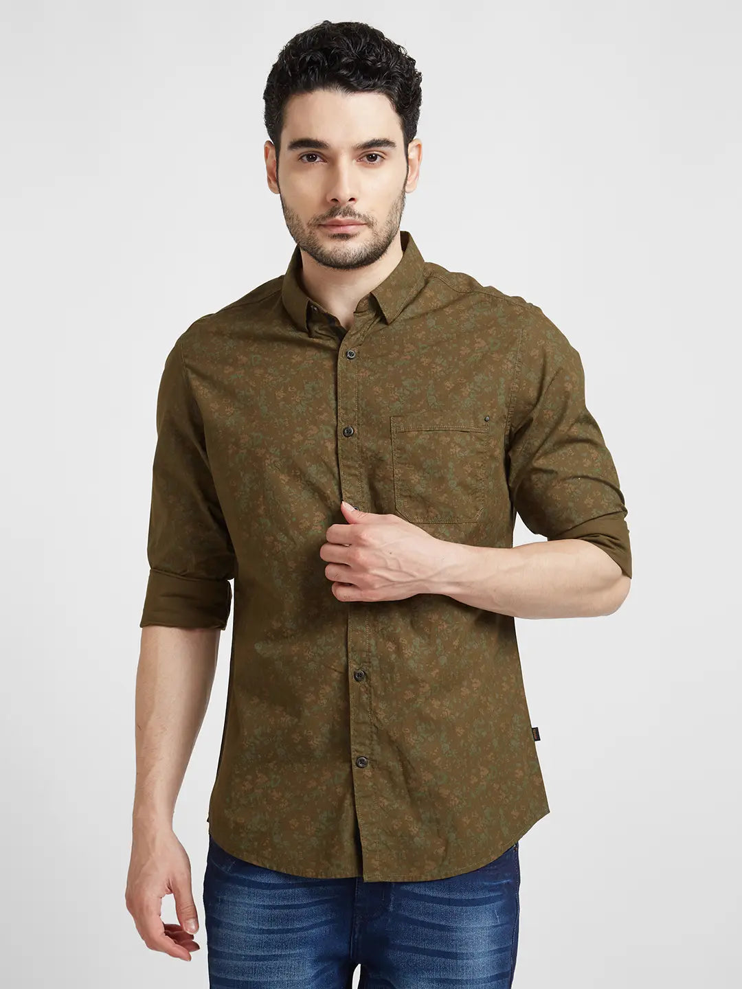 Spykar Men Military Green Poplin Slim Fit Full Sleeve Printed Shirt