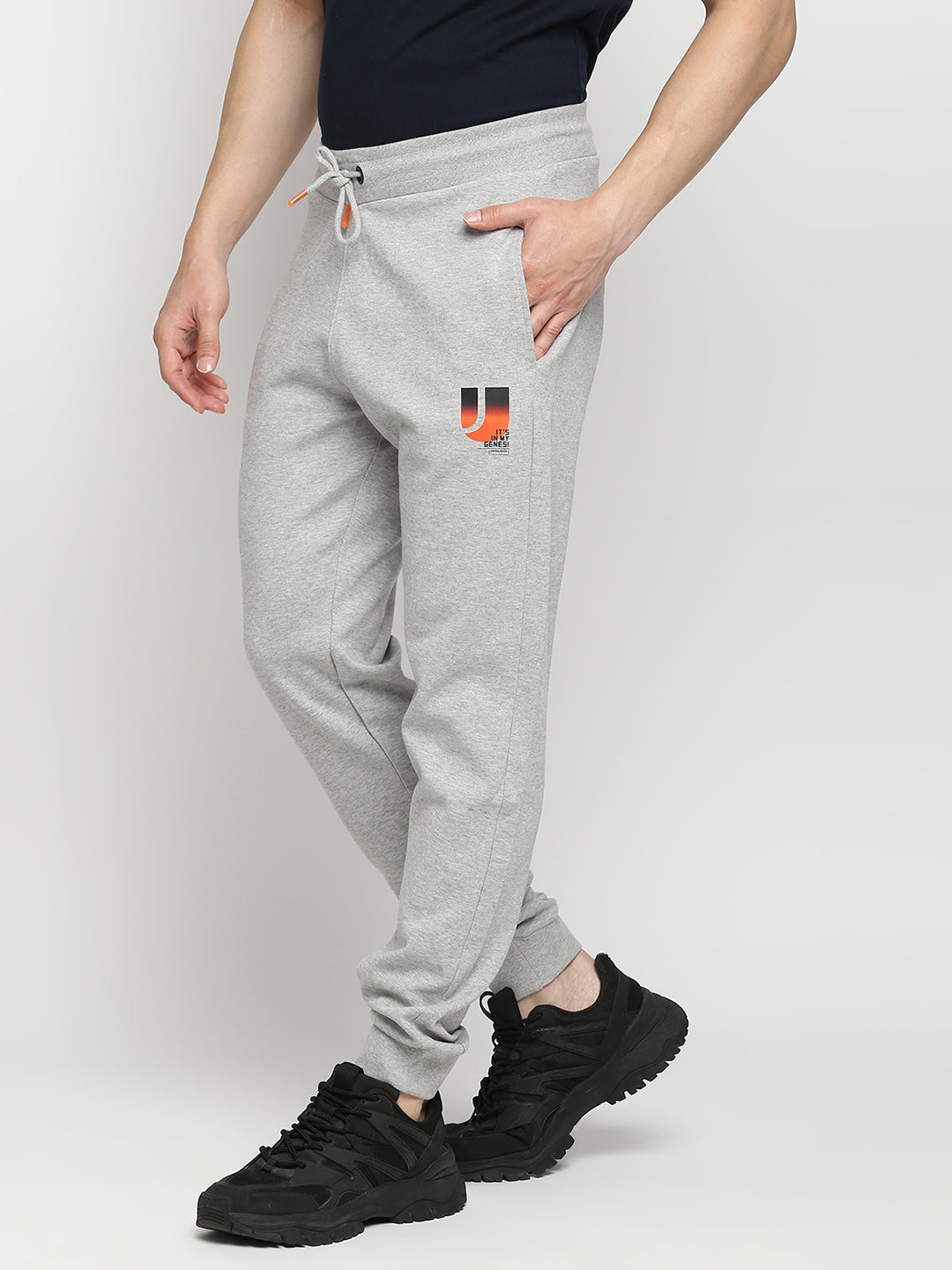 Men Premium Cotton Blend Knitted Grey Trackpant- Underjeans By Spykar