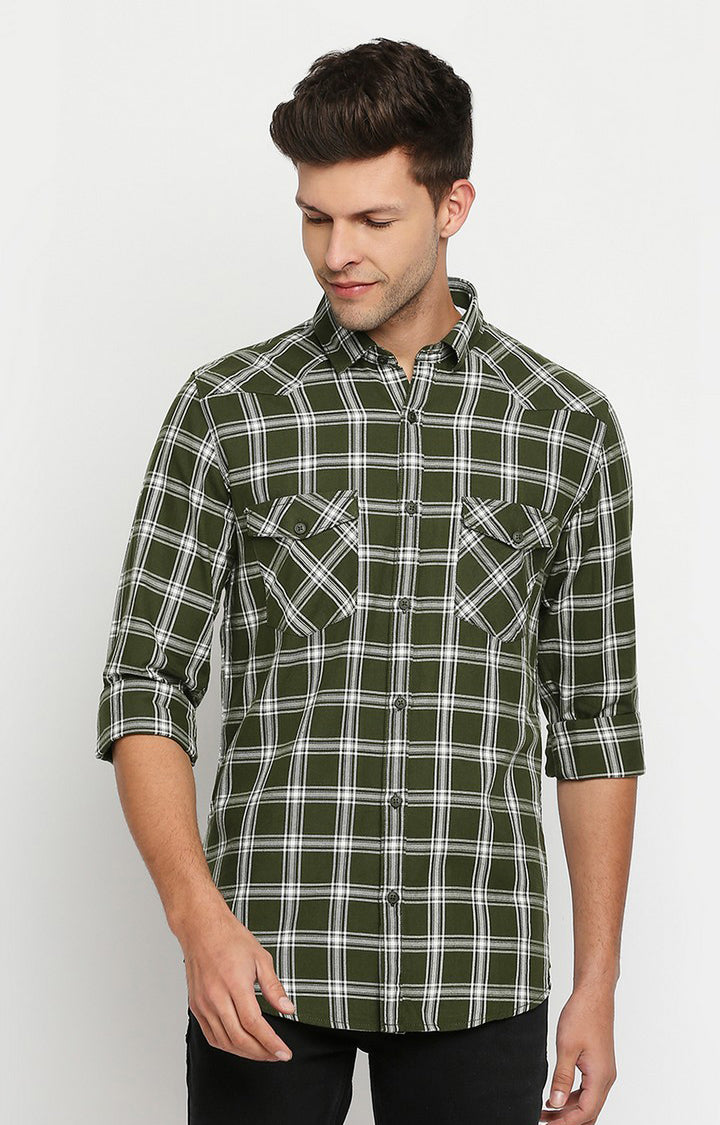 Spykar Men Green Slim Fit Full Sleeve Checkered Shirt