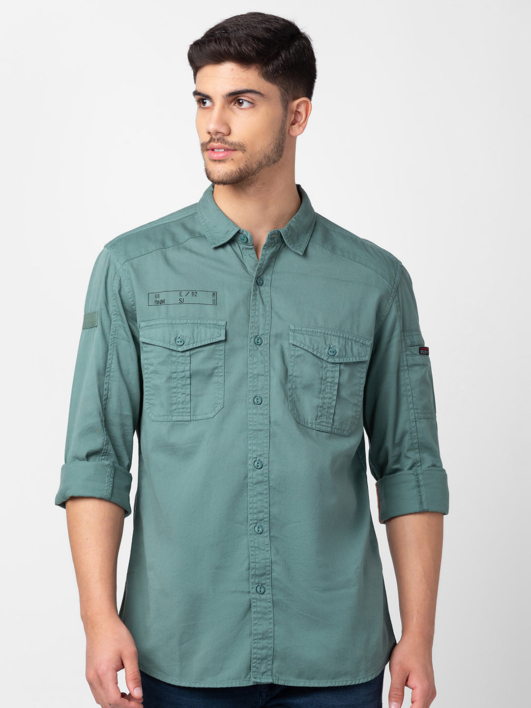 Spykar Men Sage Green Cotton Slim Fit Plain Shirt