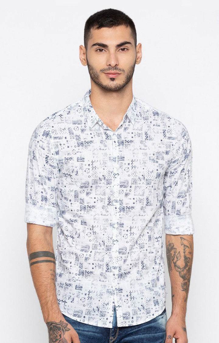 Spykar Men'S White Cotton Printed Casual Shirts