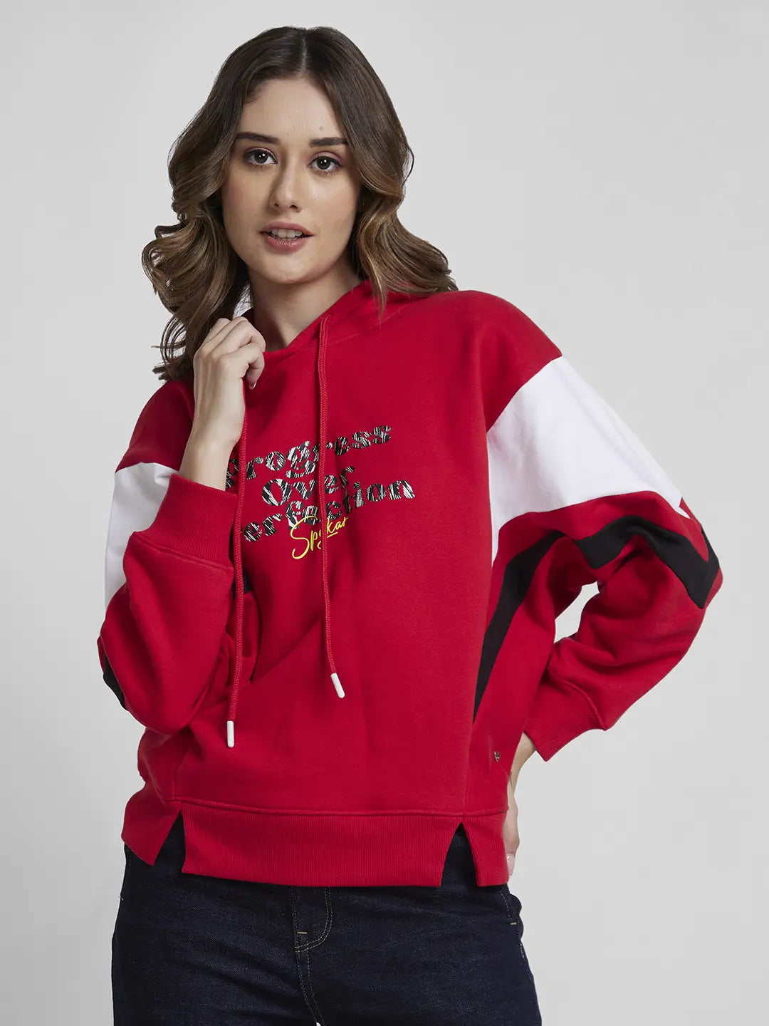 Buy Online Spykar Women Crimson Blended Comfort Fit Hooded Printed Sweatshirt
