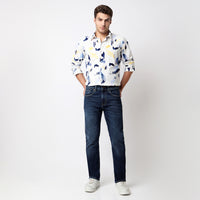 Men Shirt Print White Slim Fit