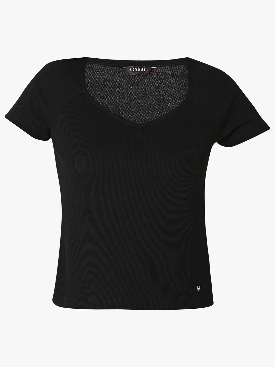 Spykar Black Slim Fit Half Sleeve Solid T-Shirt For women