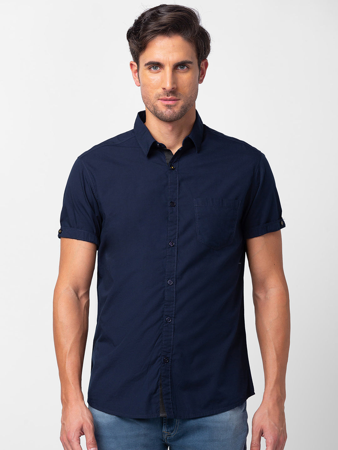 Spykar Men Navy Blue Cotton Slim Fit Plain Shirt