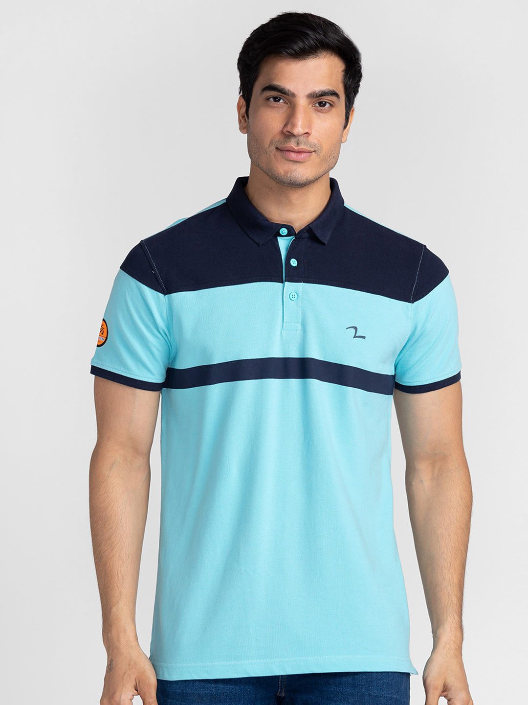 Spykar Men Cool Blue Cotton Slim Fit Polo Printed T-Shirt