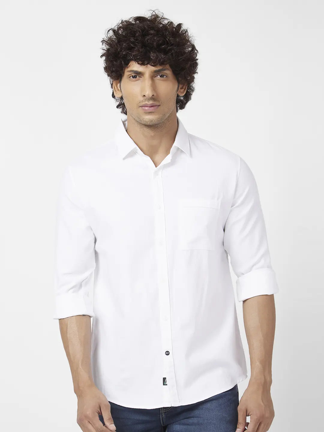 Spykar Men White Dyed Regular Slim Fit Full Sleeve Plain Shirt