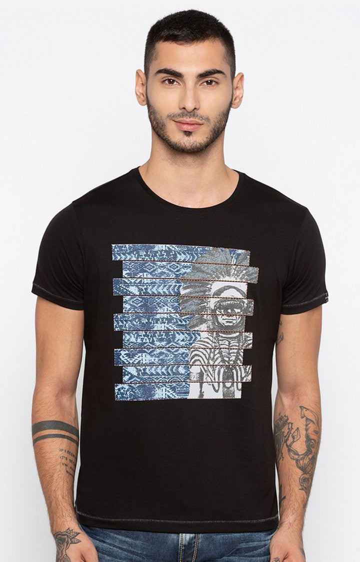 Spykar Black Printed Slim Fit Men T-Shirts