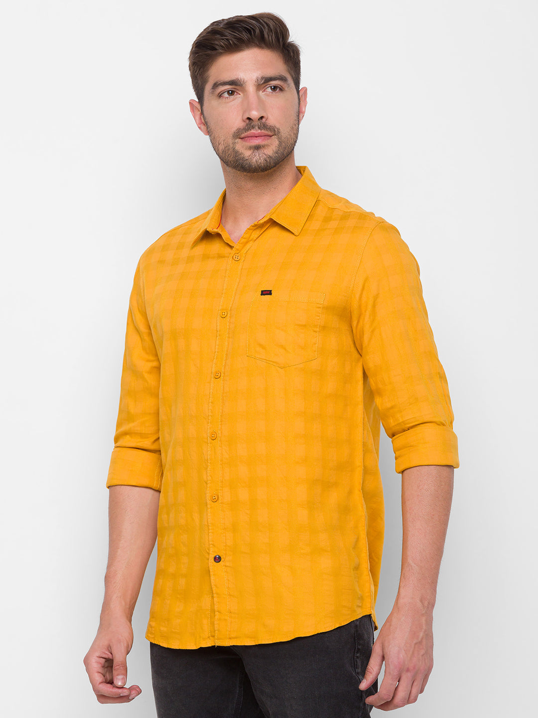 Spykar Yellow Cotton Slim Fit Shirts For Men