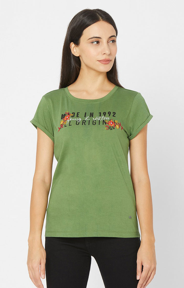 Spykar Women Green Cotton Slim Fit Round Neck Crop T-Shirts