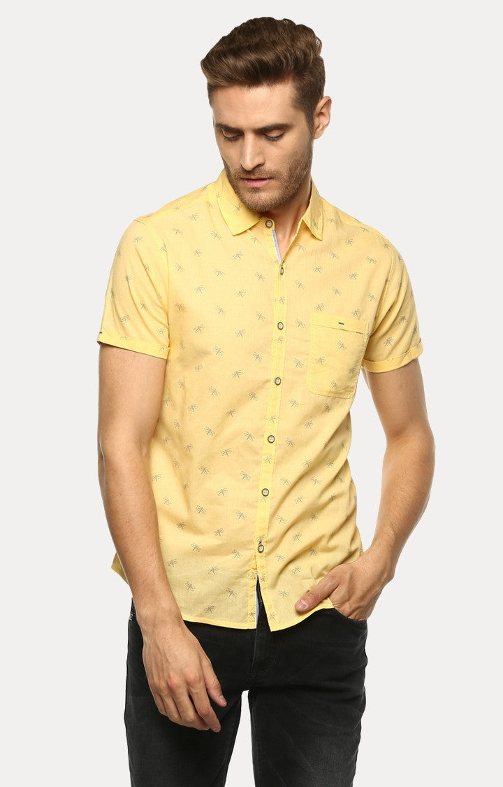 Spykar Men'S Yellow Cotton Printed Casual Shirts