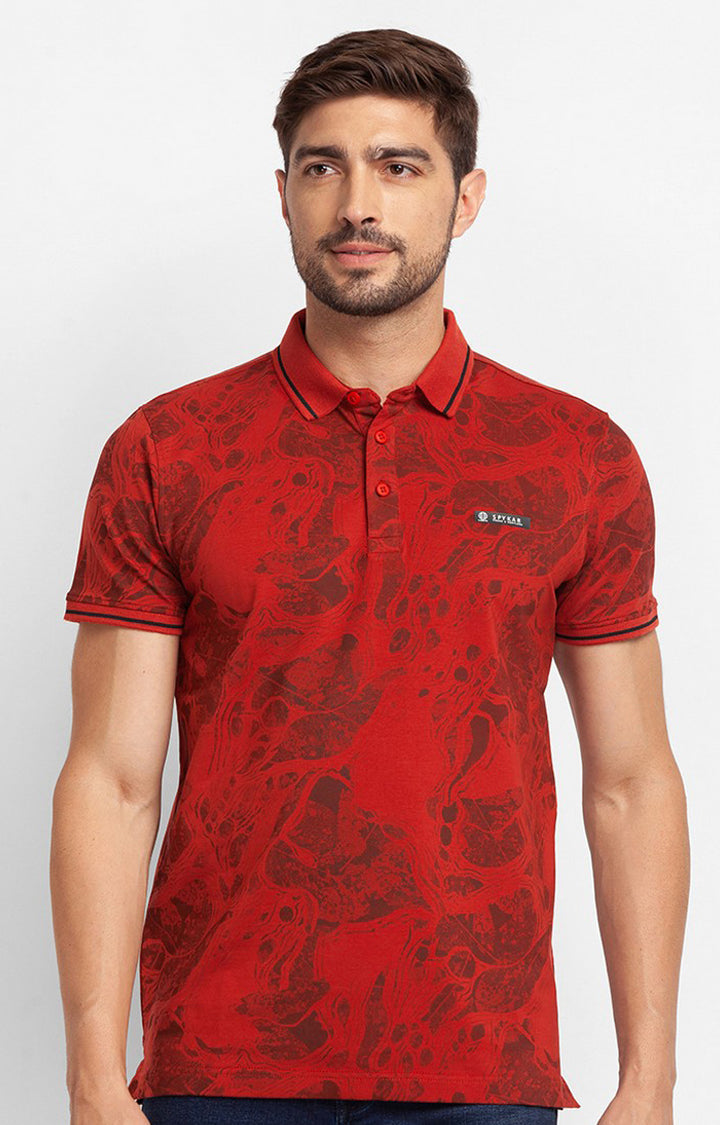 Spykar Brick Red Cotton Half Sleeve Printed Casual Polo T-Shirt For Men