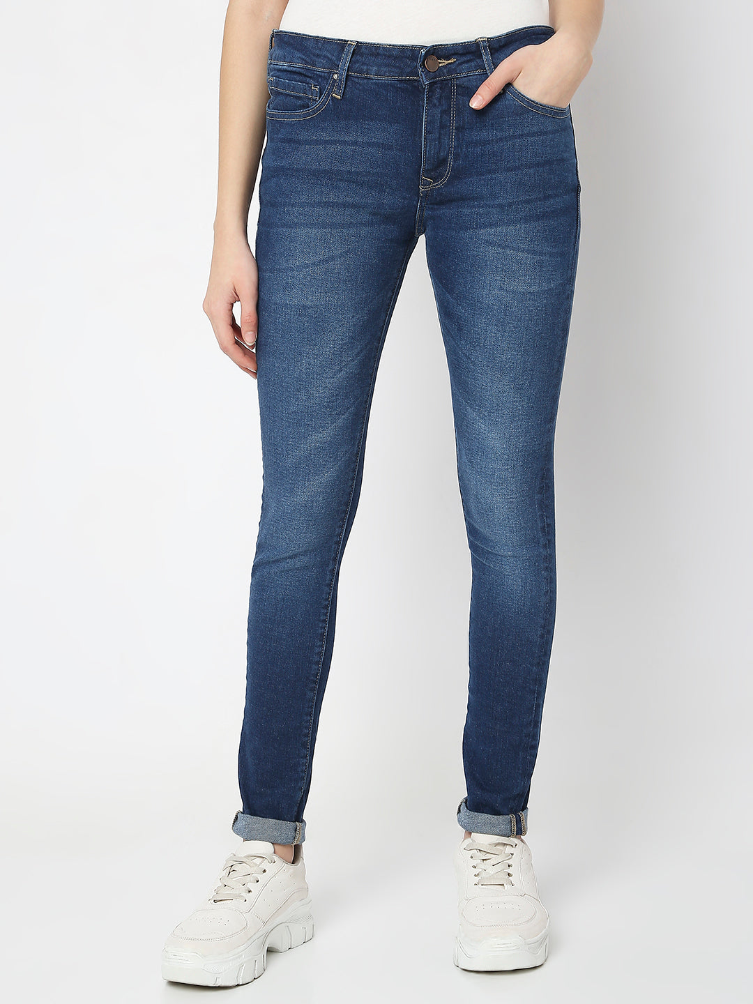 Spykar Dark Blue Mid Rise Jeans For Women