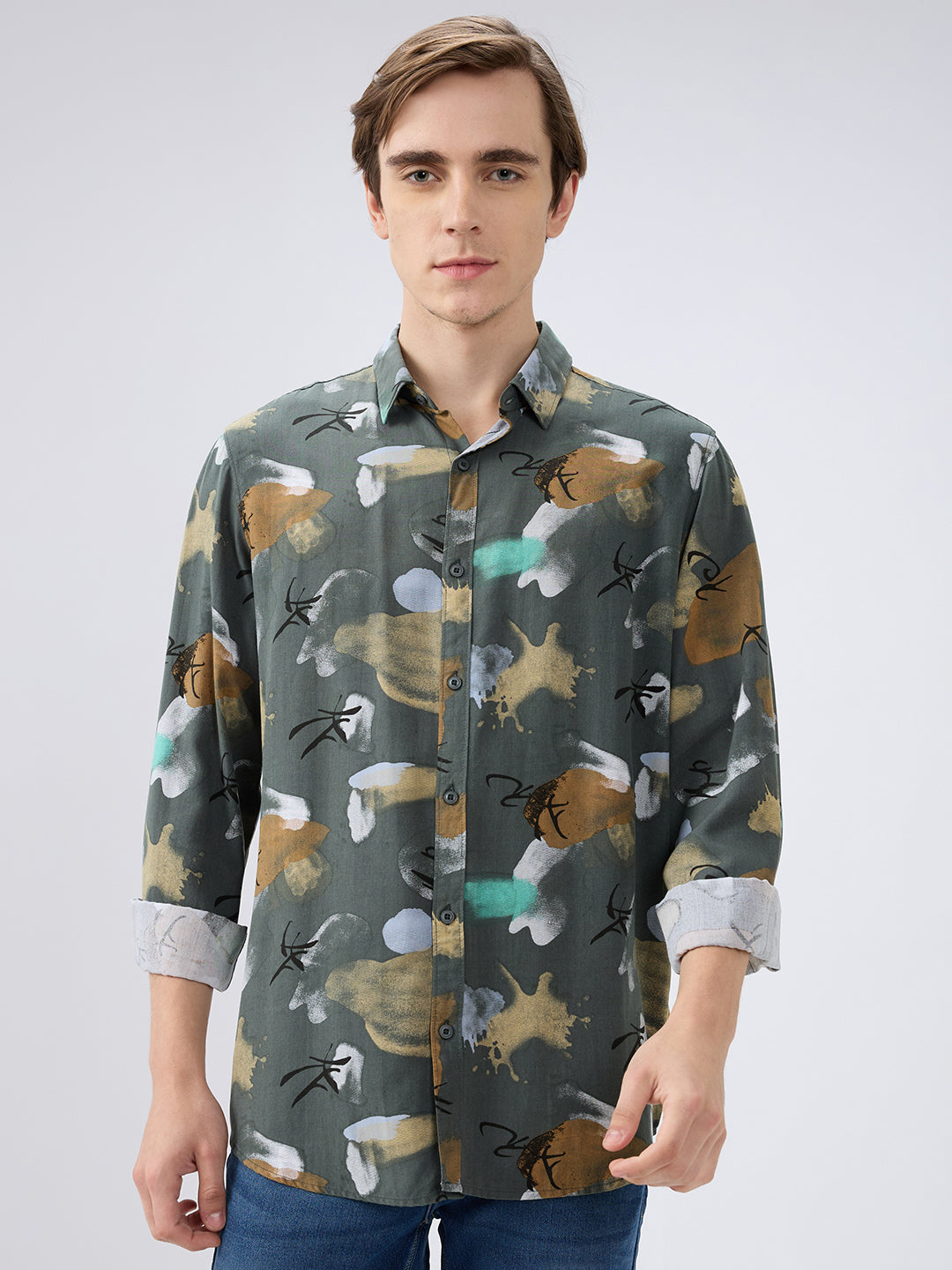Spykar Rifle Green Slim Fit Shirts For Mens