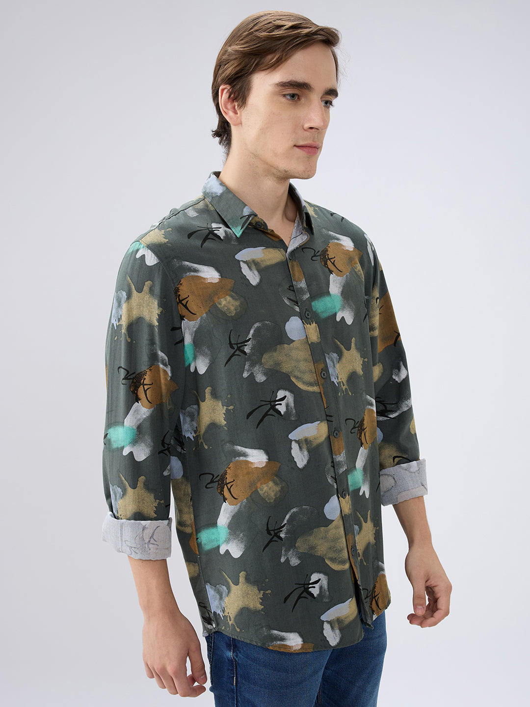 Spykar Rifle Green Slim Fit Shirts For Mens