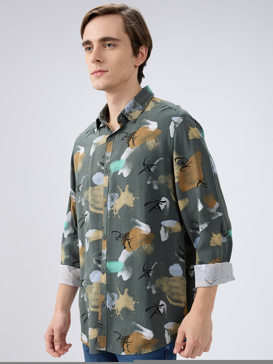 Spykar Rifle Green Slim Fit Shirts For Mens