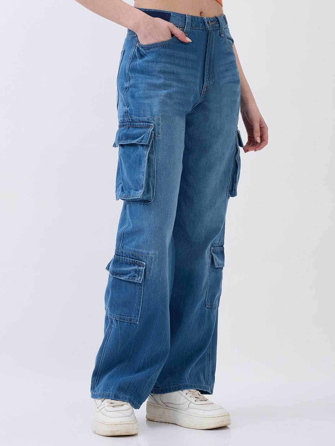 Spykar Mid Blue Straight Fit High Rise Jeans For Women