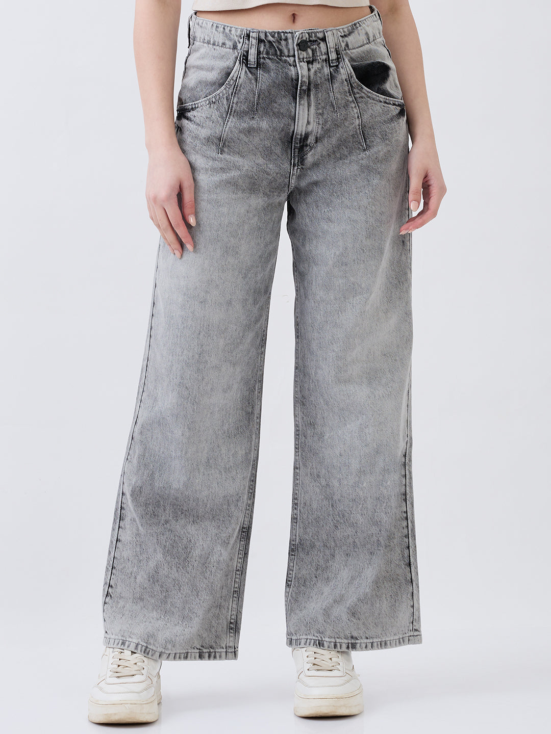 Spykar Grey Wide Leg High Rise Jeans For Women