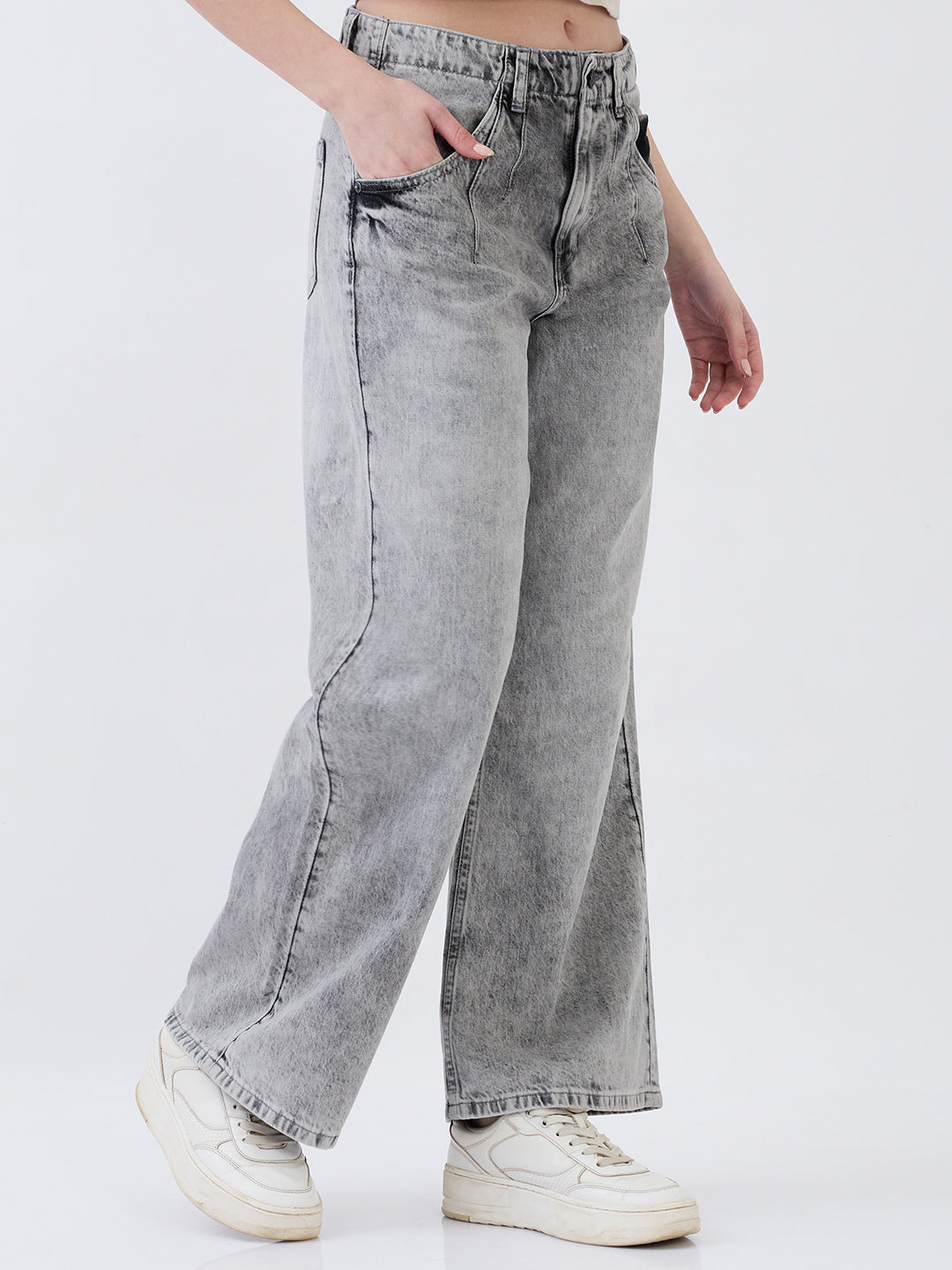 Women Jeans Wide Leg Grey High Rise