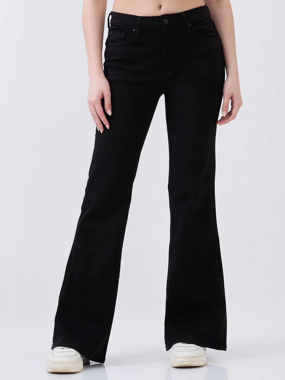 Spykar Jet Black Flare Leg High Rise Jeans For Women