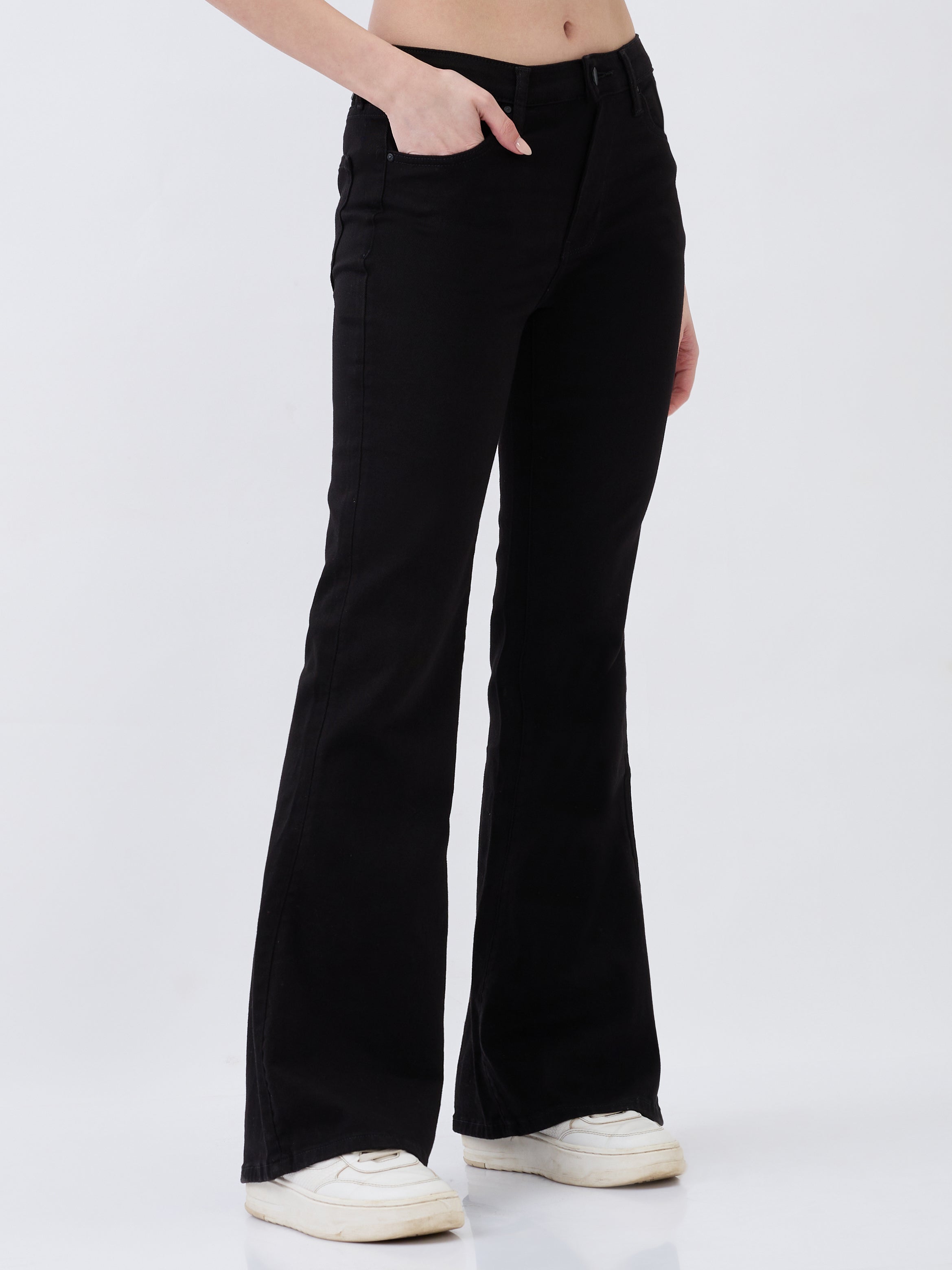 Spykar Jet Black Flare Leg High Rise Jeans For Women
