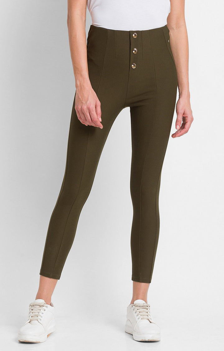 Spykar Olive Green Cotton Regular Fit Trackpant For Women