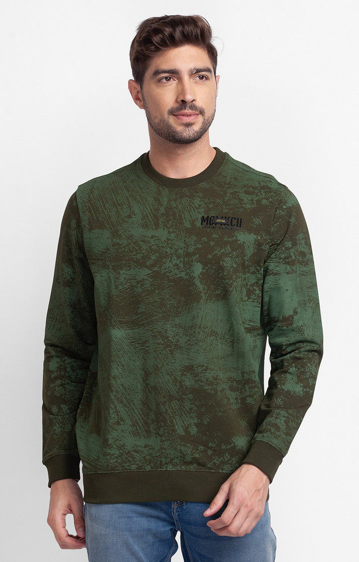 Spykar Rifle Green Cotton Full Sleeve Round Neck Sweatshirt For Men