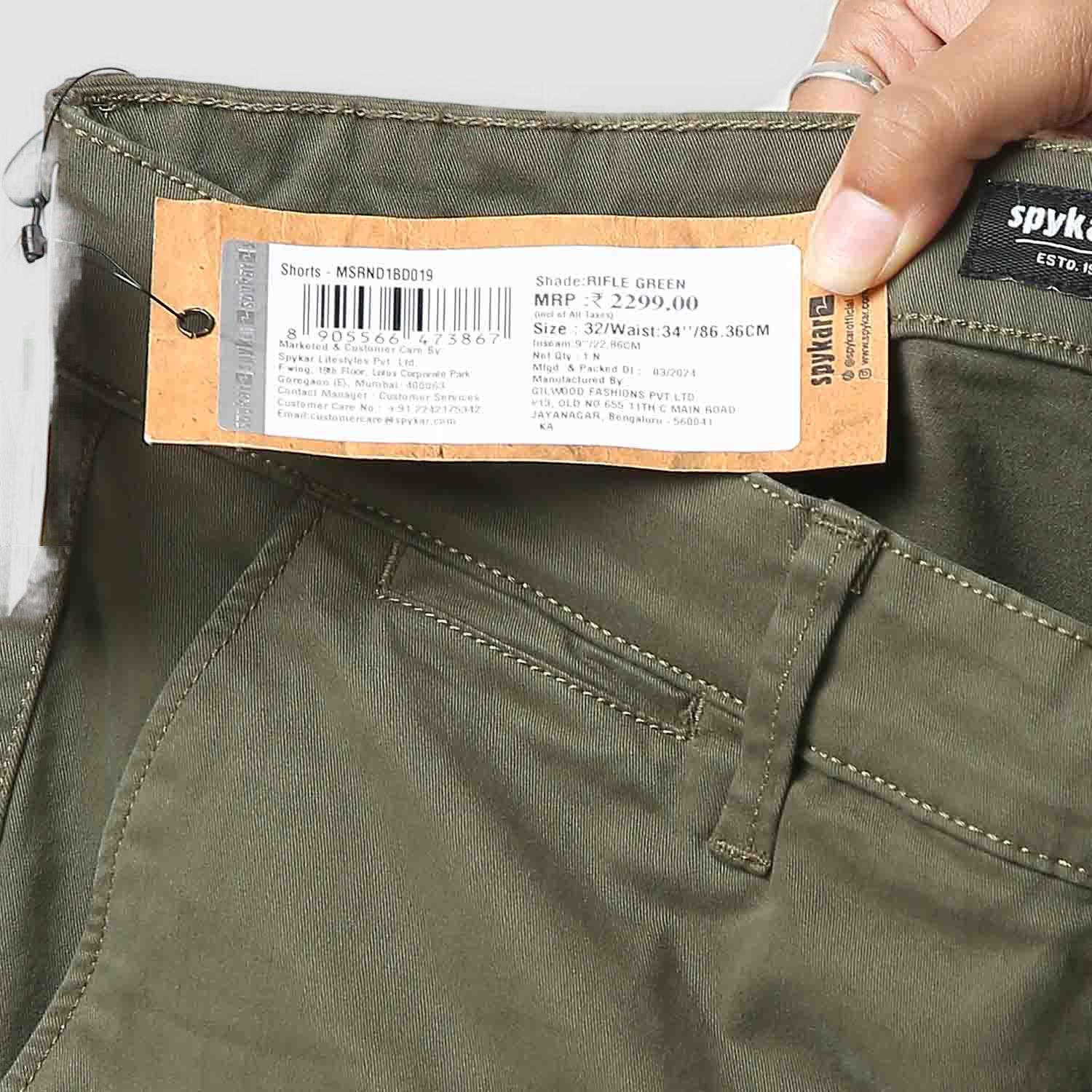 Spykar Rifle Green Mid Rise Straight Fit Casual Shorts For Men