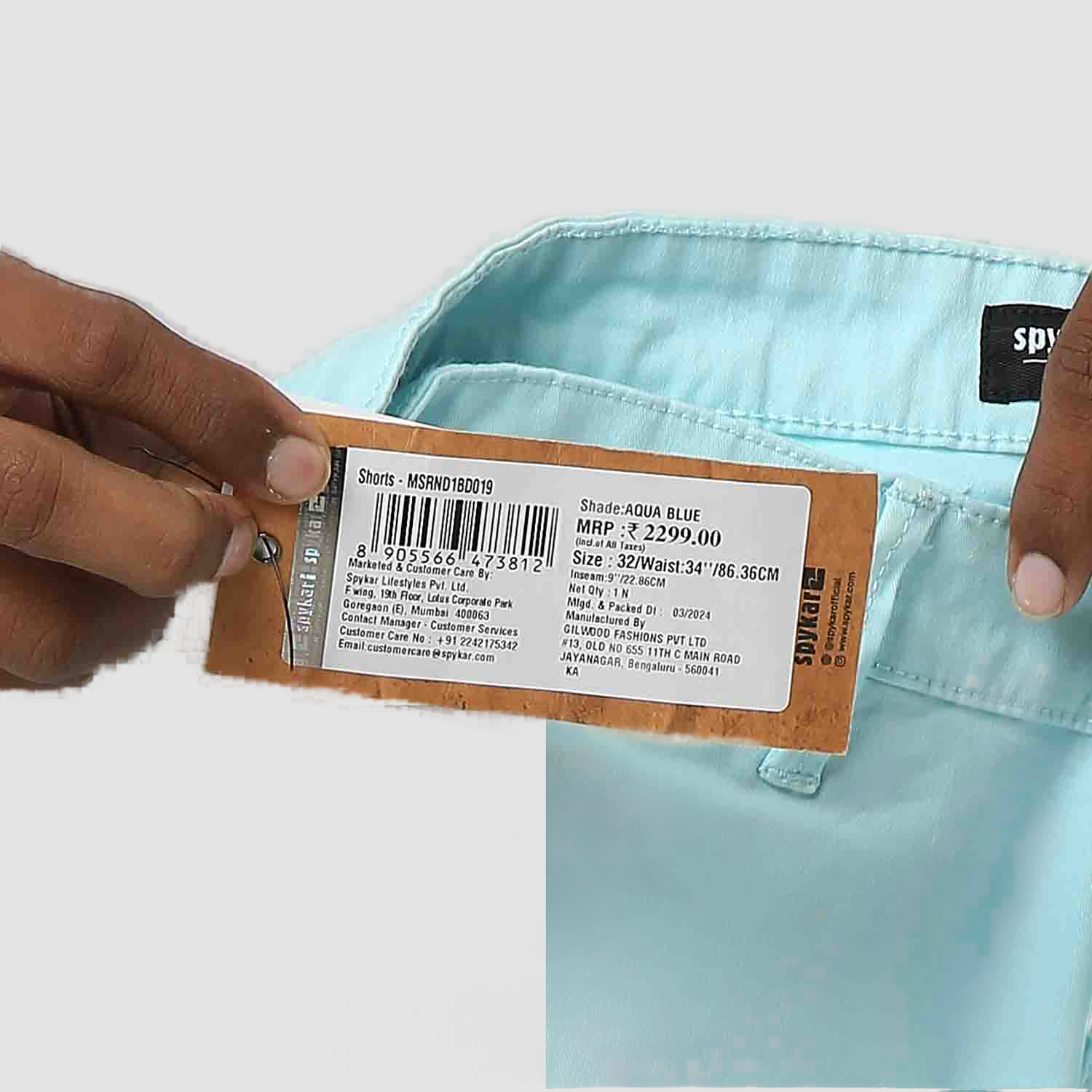 Spykar Aqua Blue Mid Rise Straight Fit Casual Shorts For Men