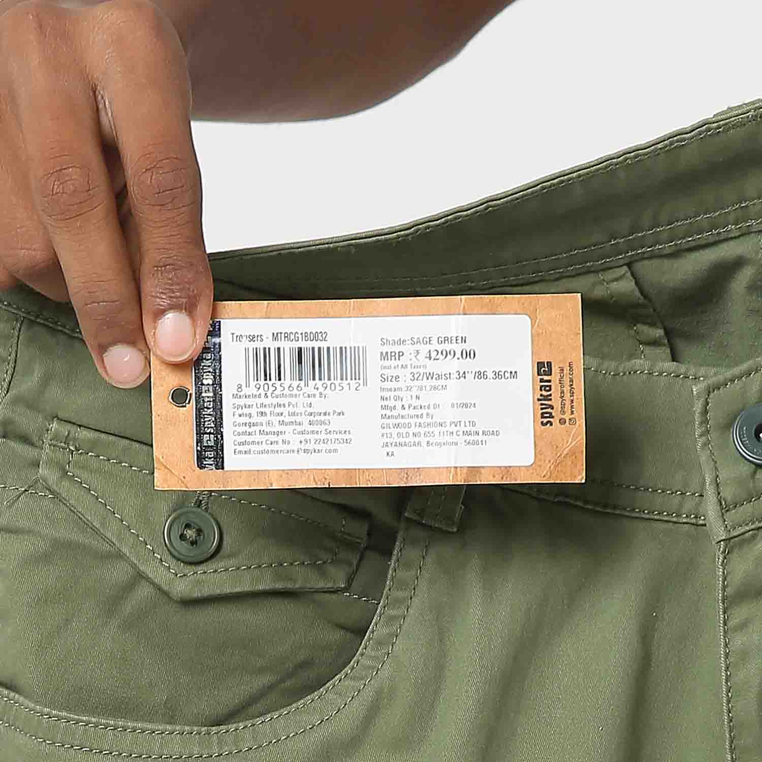 Spykar Sage Green Mid Rise Cargo Fit Casual Trouser For Men