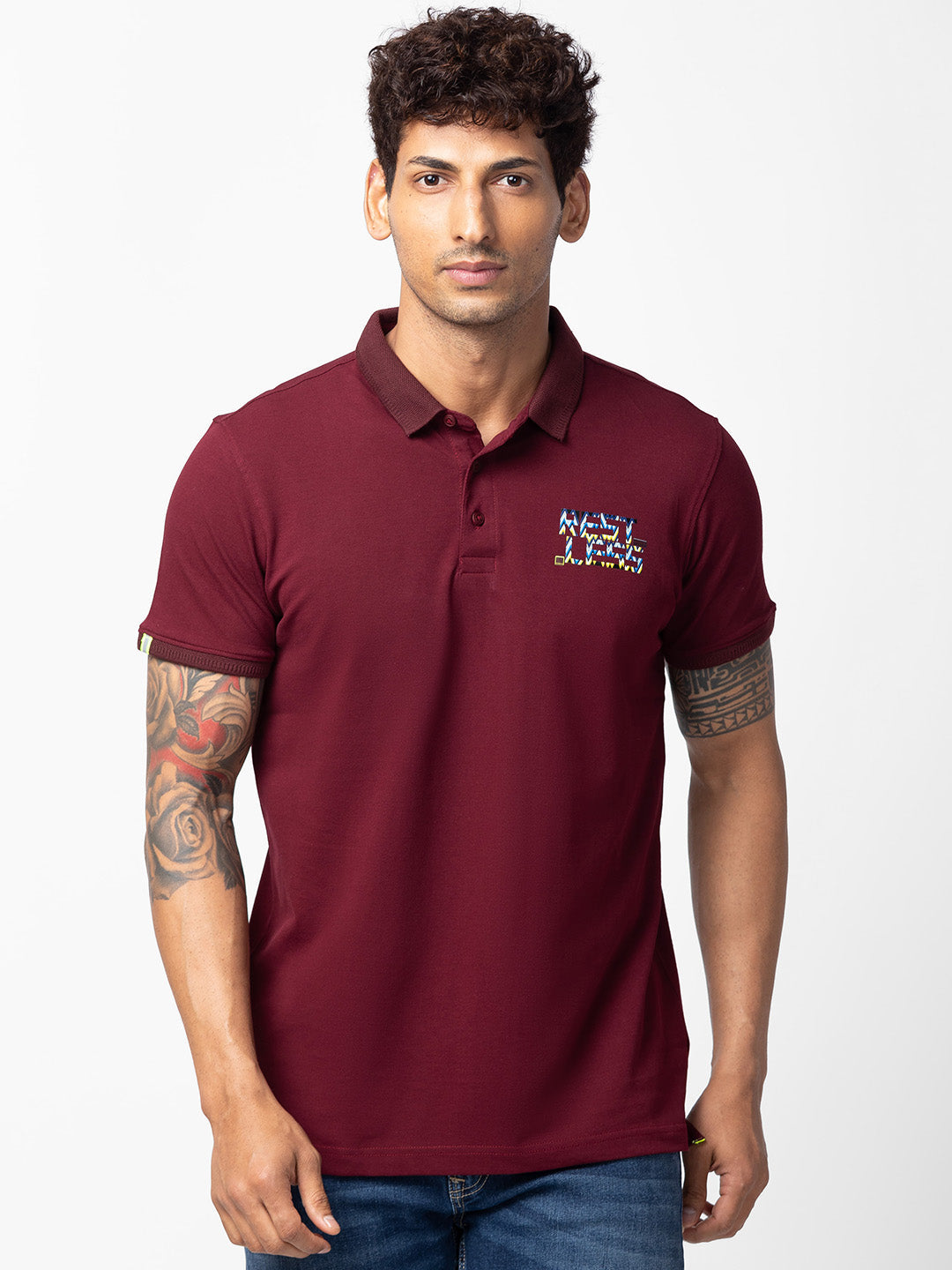 Spykar Men Wine Cotton Regular Fit Half Sleeve Plain Polo T-Shirt