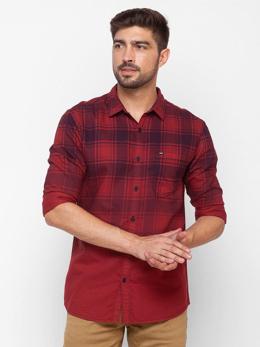 Spykar Deep Red Cotton Full Sleeve Checks Shirt For Men