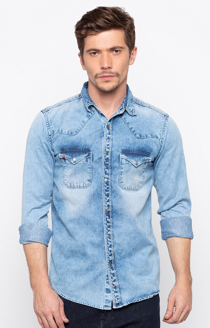 Spykar Men'S Blue Cotton Solid Casual Shirts