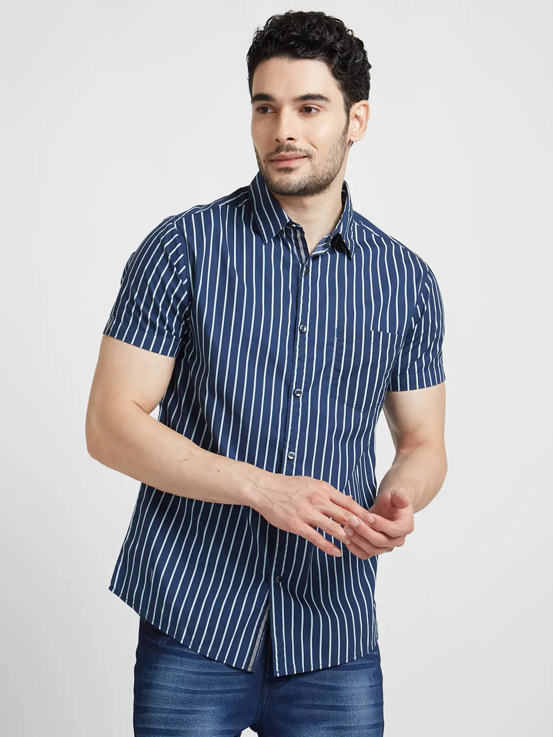 Spykar Men Teal Blue Poplin Slim Fit Half Sleeve Striped Shirt