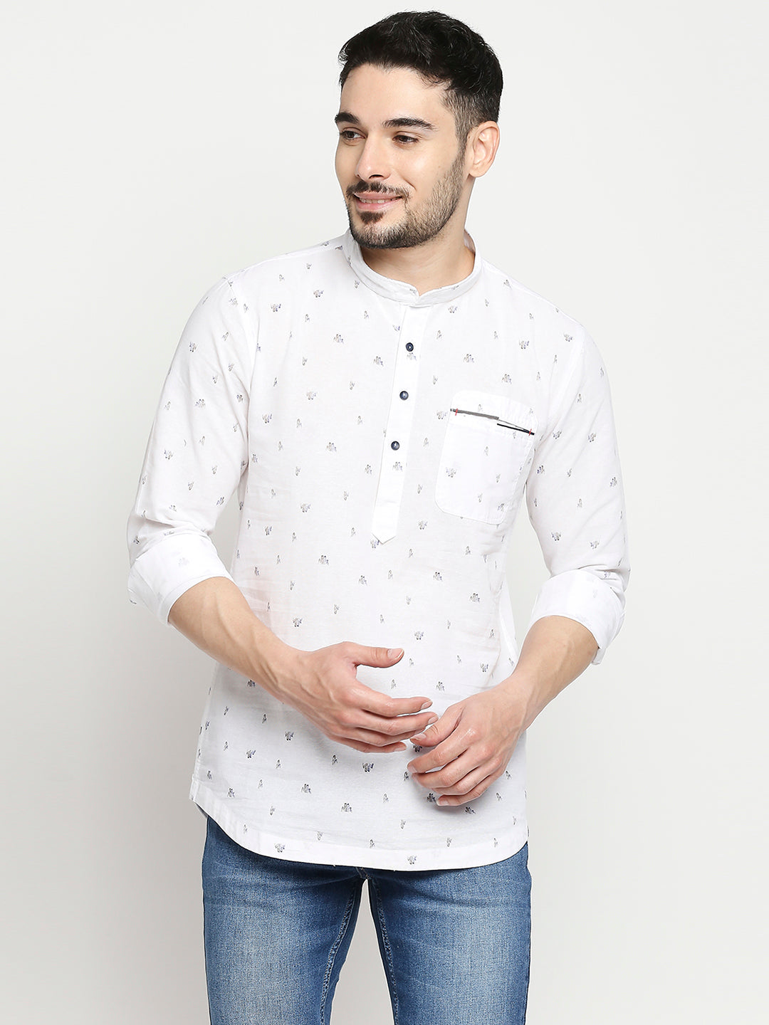 Spykar White Cotton Full Sleeve Printed Kurta For Men