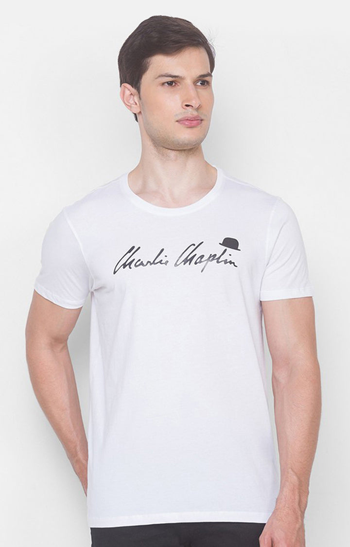 Charlie Chaplin Spykar Men White Cotton Slim Fit Round Neck Printed T-Shirt