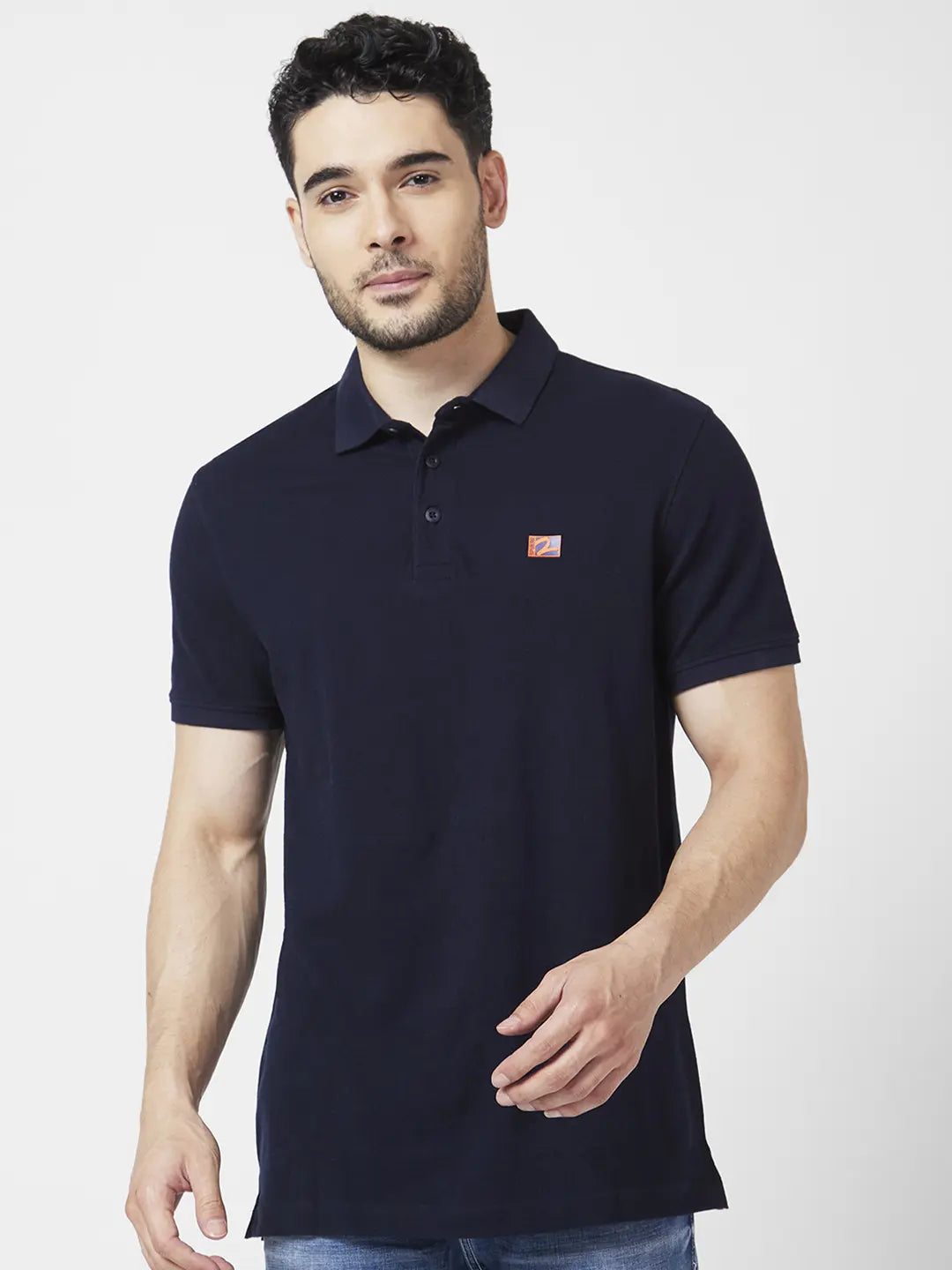 Spykar Men Navy Blue Cotton Slim Fit Half Sleeve Polo Neck Plain Tshirt