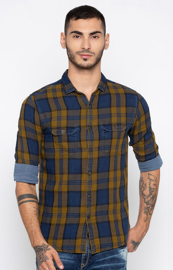 Spykar Men'S Blue Cotton Checked Casual Shirts