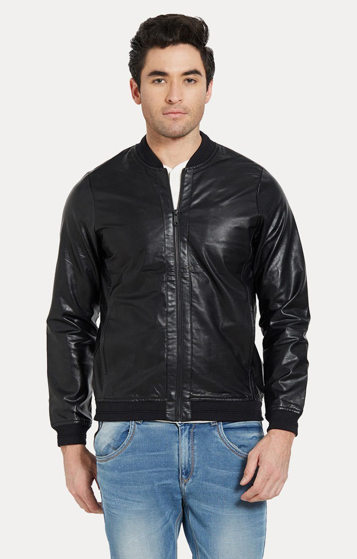 Spykar Men Black Solid Slim Fit Leather Jacket