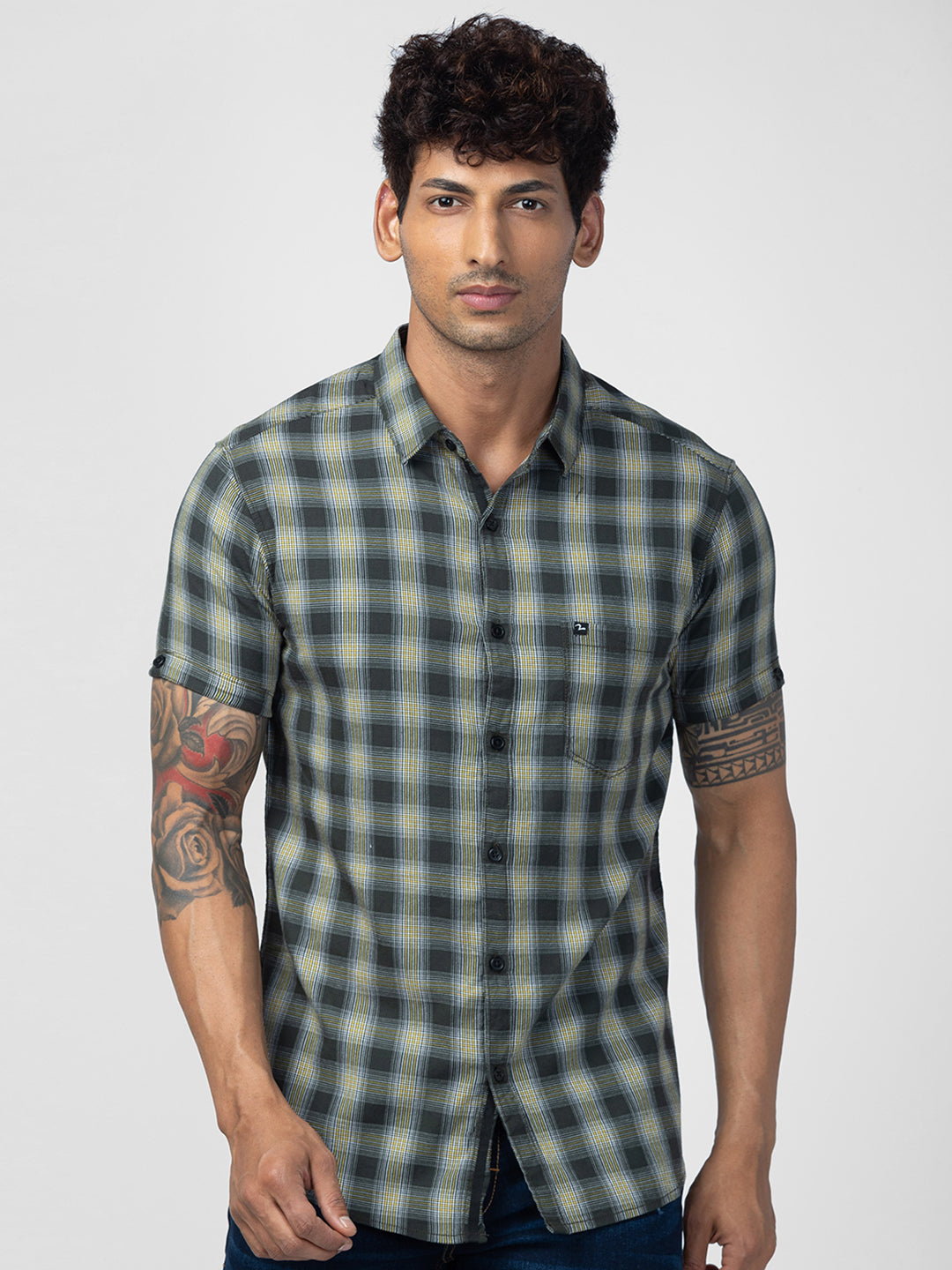 Spykar Men Bottle Green Cotton Slim Fit Checkered Shirt