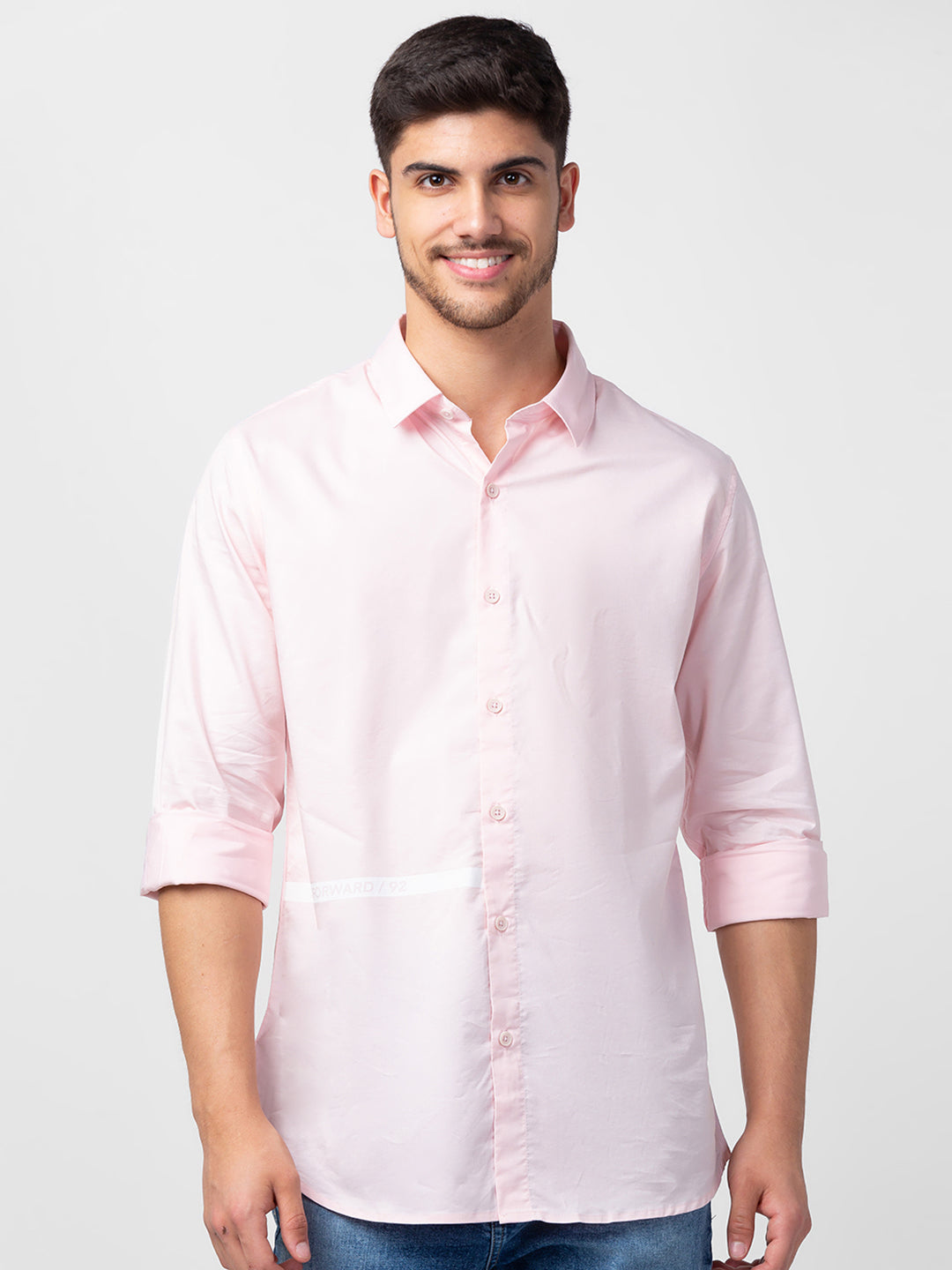 Spykar Men Powder Pink Cotton Slim Fit Plain Shirt