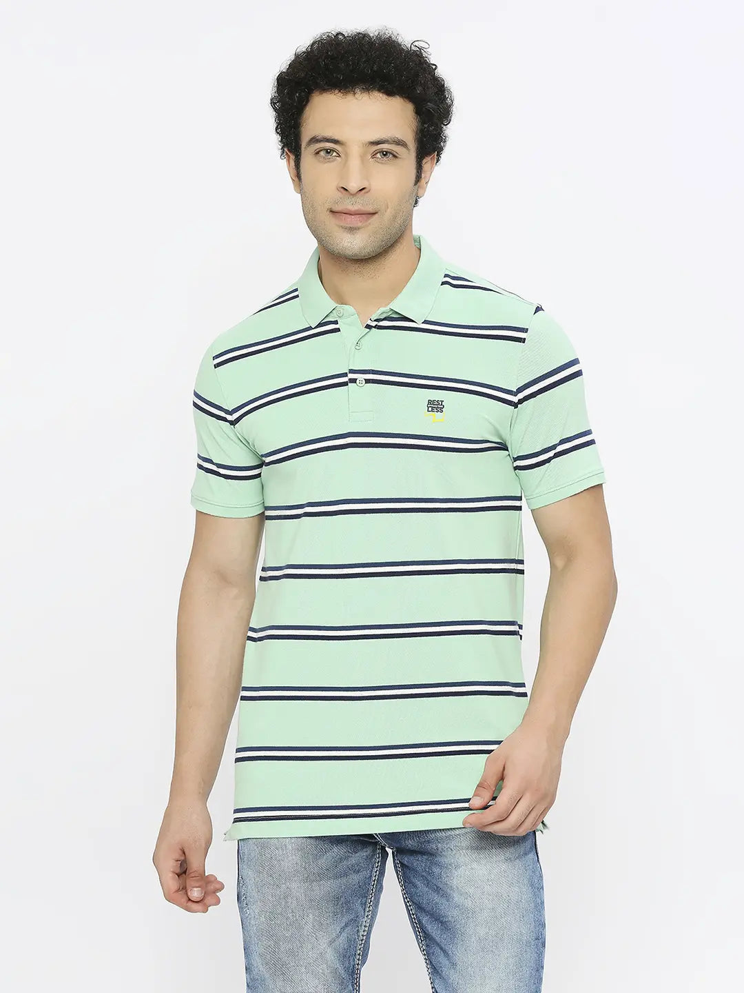 Spykar Men Dusty Ice Green Blended Regular Fit Half Sleeve Striped Polo Tshirt