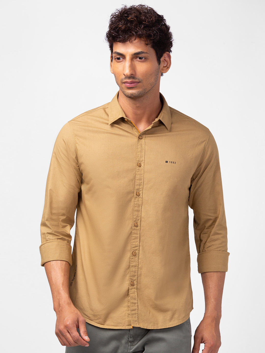 Spykar Men Khaki Cotton Slim Fit Plain Shirts