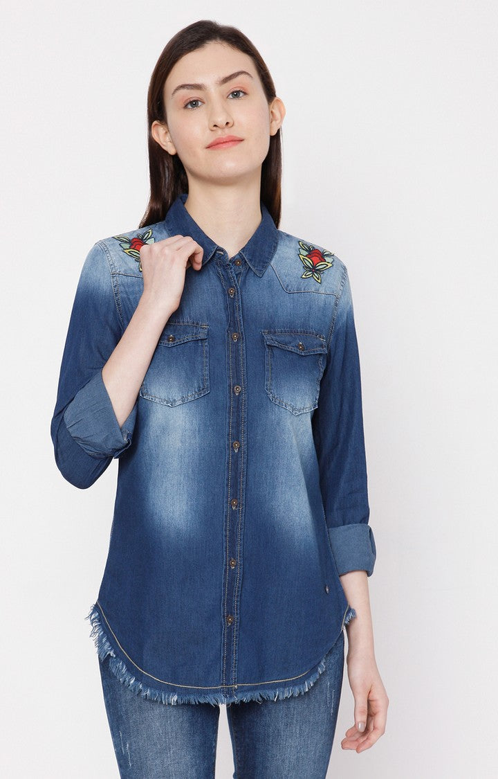 Spykar Women Dark Blue Cotton Regular Fit Denim Shirt