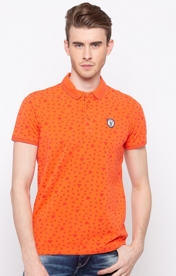 Spykar Coral Printed Slim Fit Polo T-Shirt